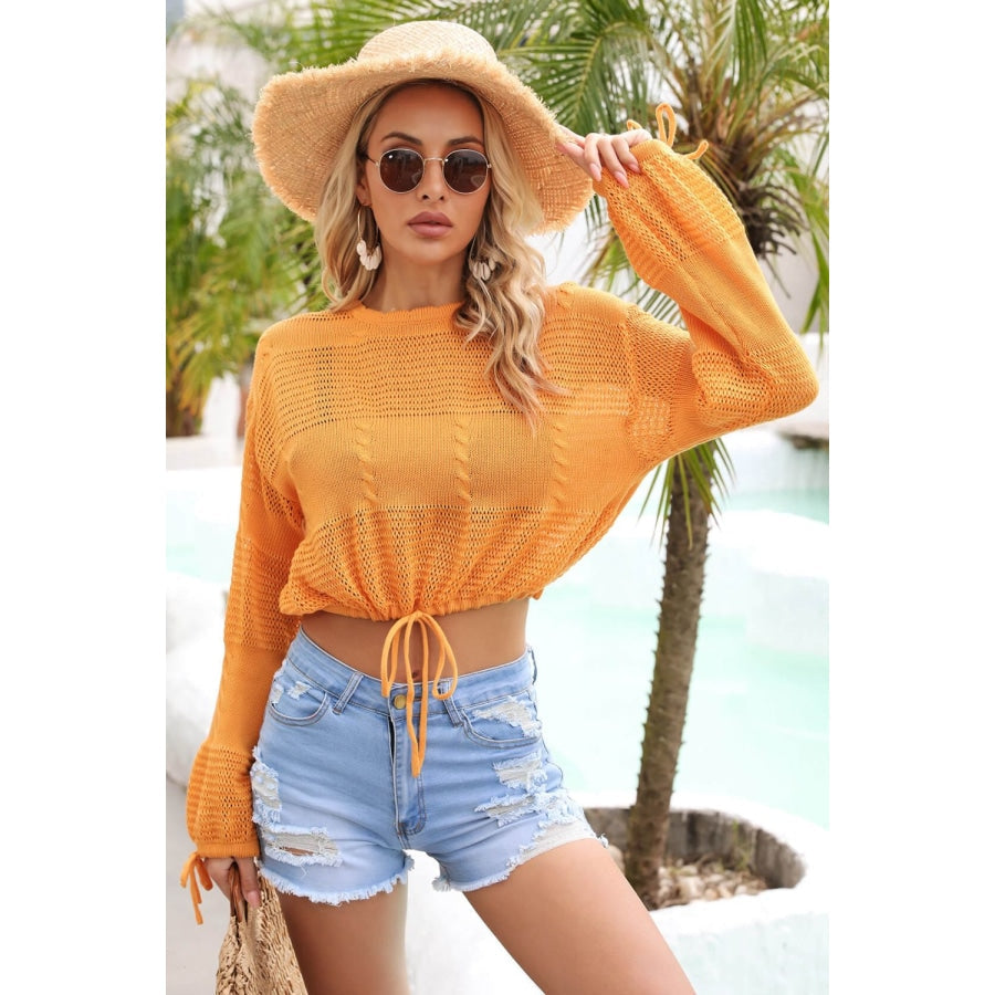 Drawstring Hem Round Neck Cropped Cover Up