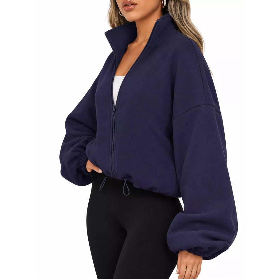 Drawstring Hem Zip Up Jacket Apparel and Accessories