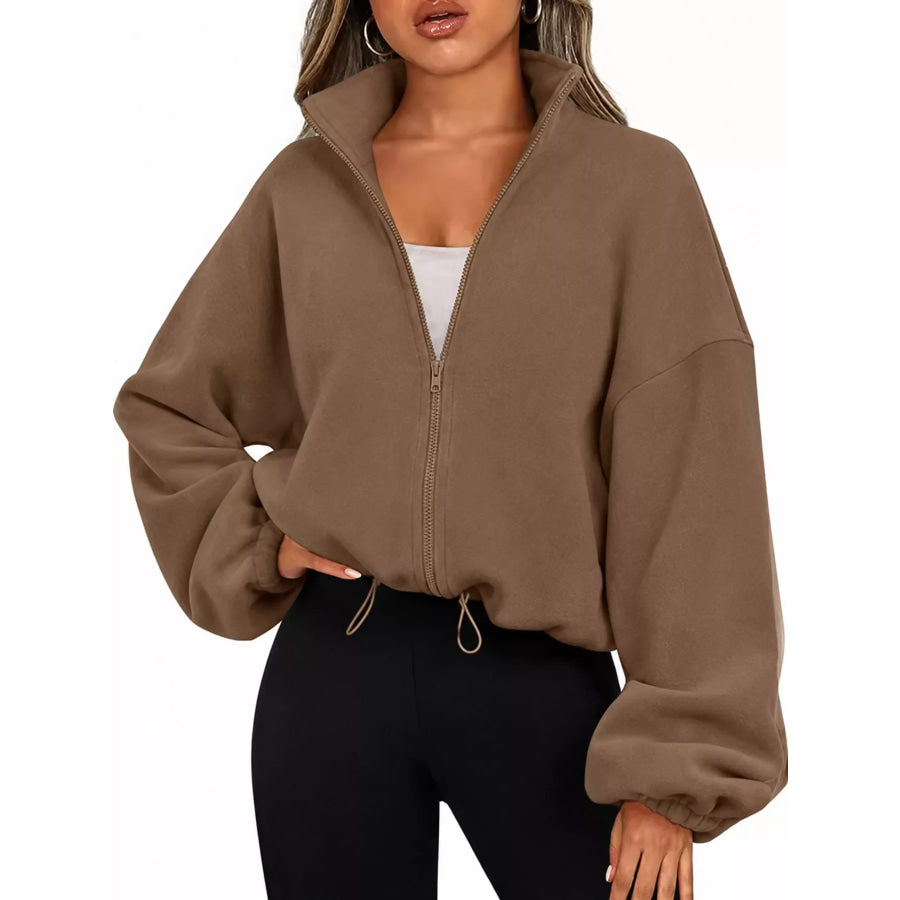 Drawstring Hem Zip Up Jacket Apparel and Accessories