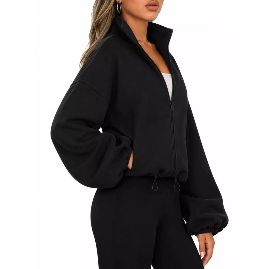 Drawstring Hem Zip Up Jacket Apparel and Accessories