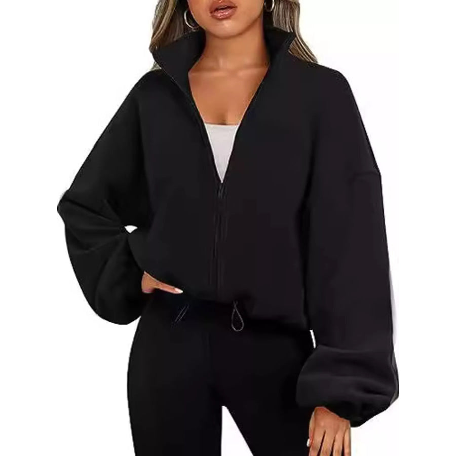 Drawstring Hem Zip Up Jacket Black / S Apparel and Accessories