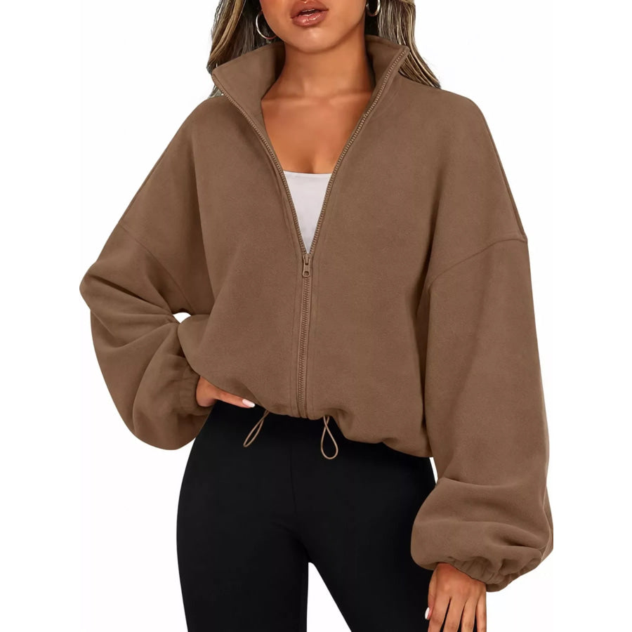 Drawstring Hem Zip Up Jacket Caramel / S Apparel and Accessories