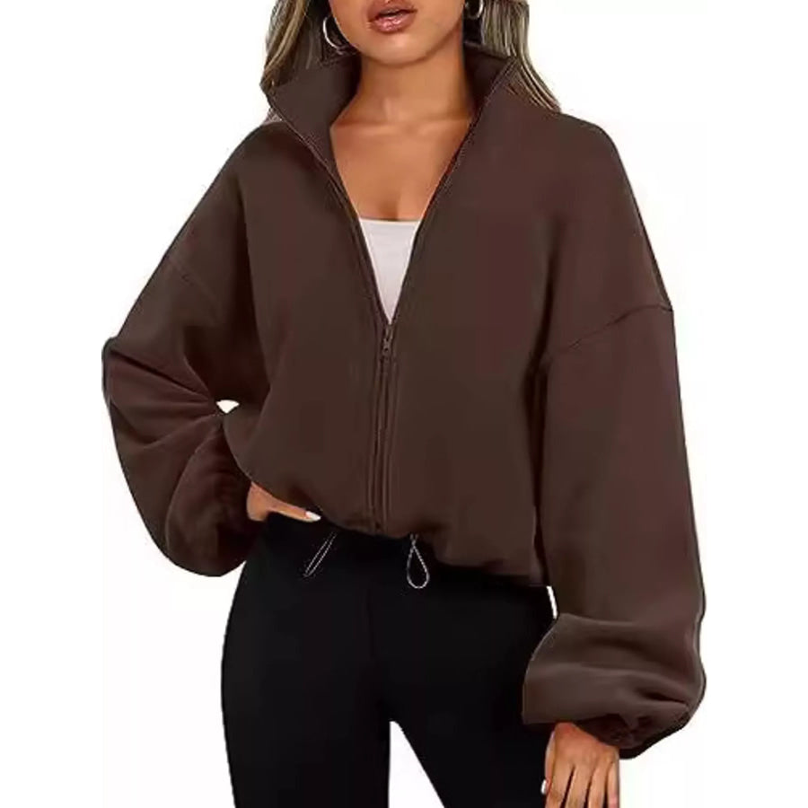 Drawstring Hem Zip Up Jacket Coffee / S Apparel and Accessories