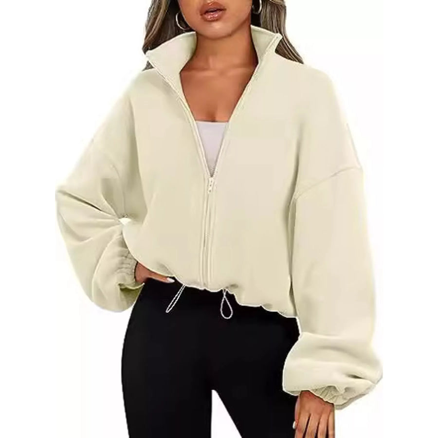Drawstring Hem Zip Up Jacket Ivory / S Apparel and Accessories
