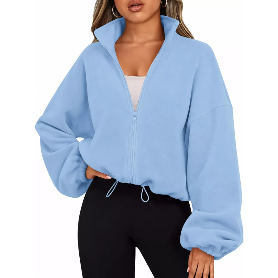 Drawstring Hem Zip Up Jacket Light Blue / S Apparel and Accessories