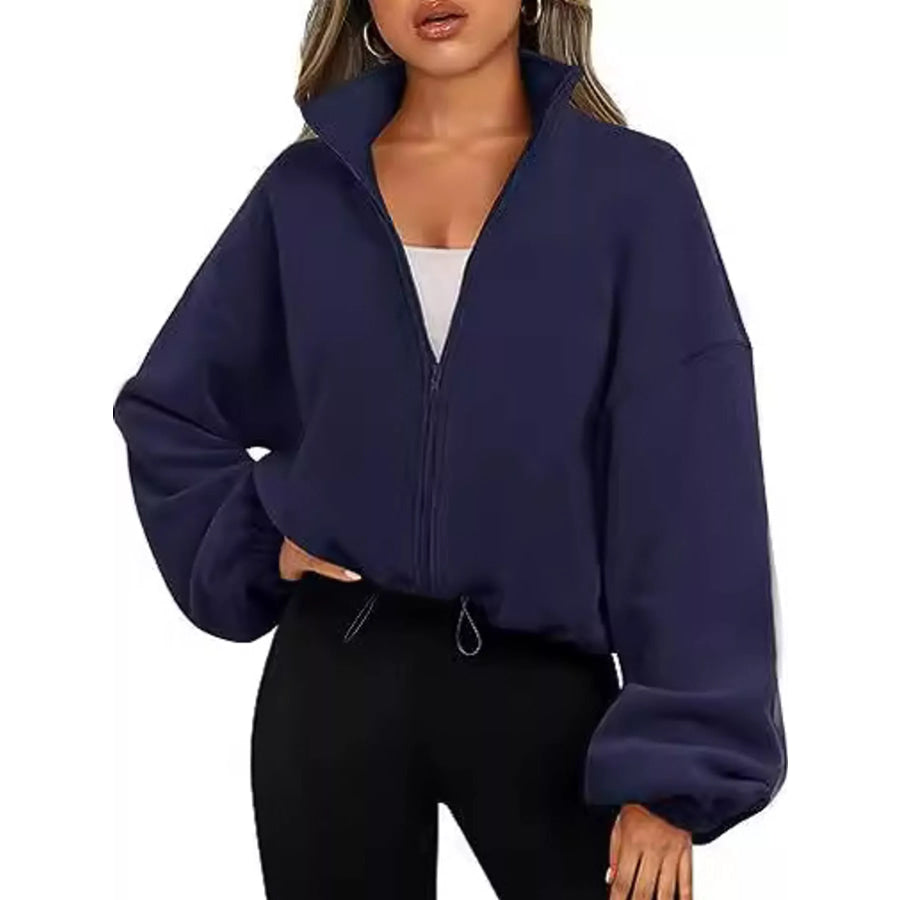 Drawstring Hem Zip Up Jacket Navy / S Apparel and Accessories
