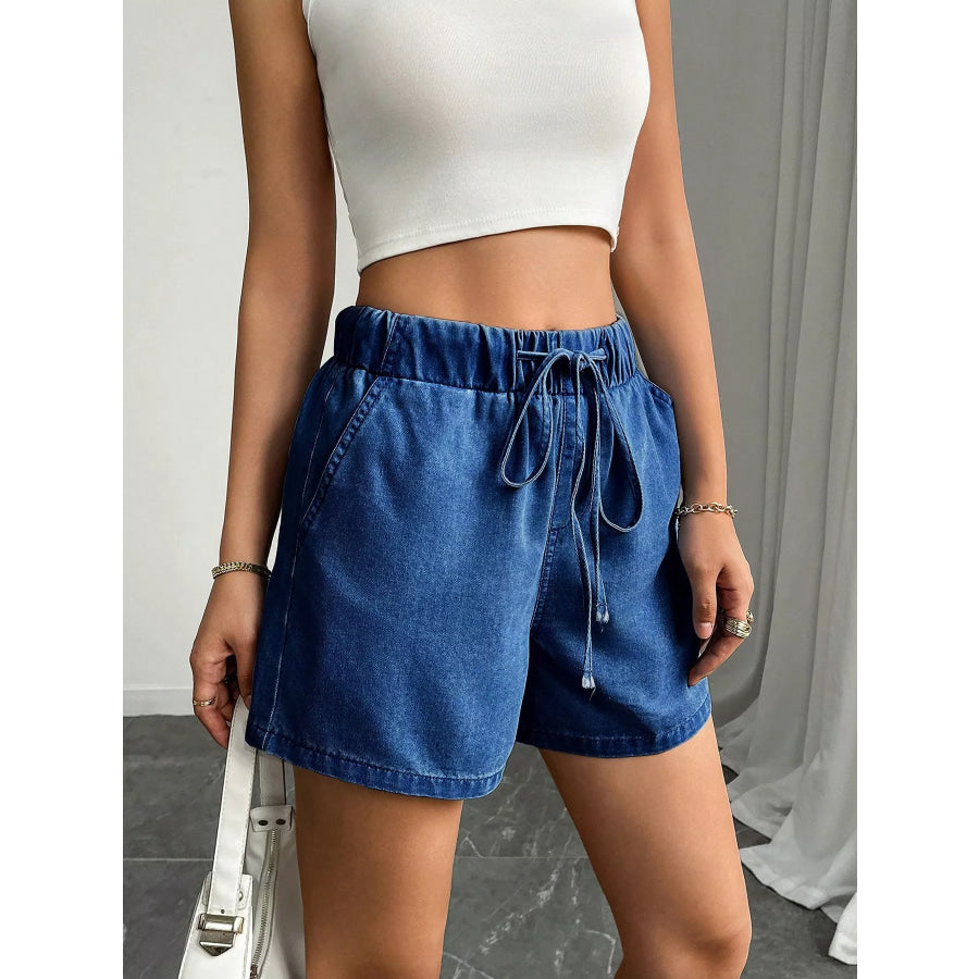 Drawstring High Waist Denim Shorts Apparel and Accessories