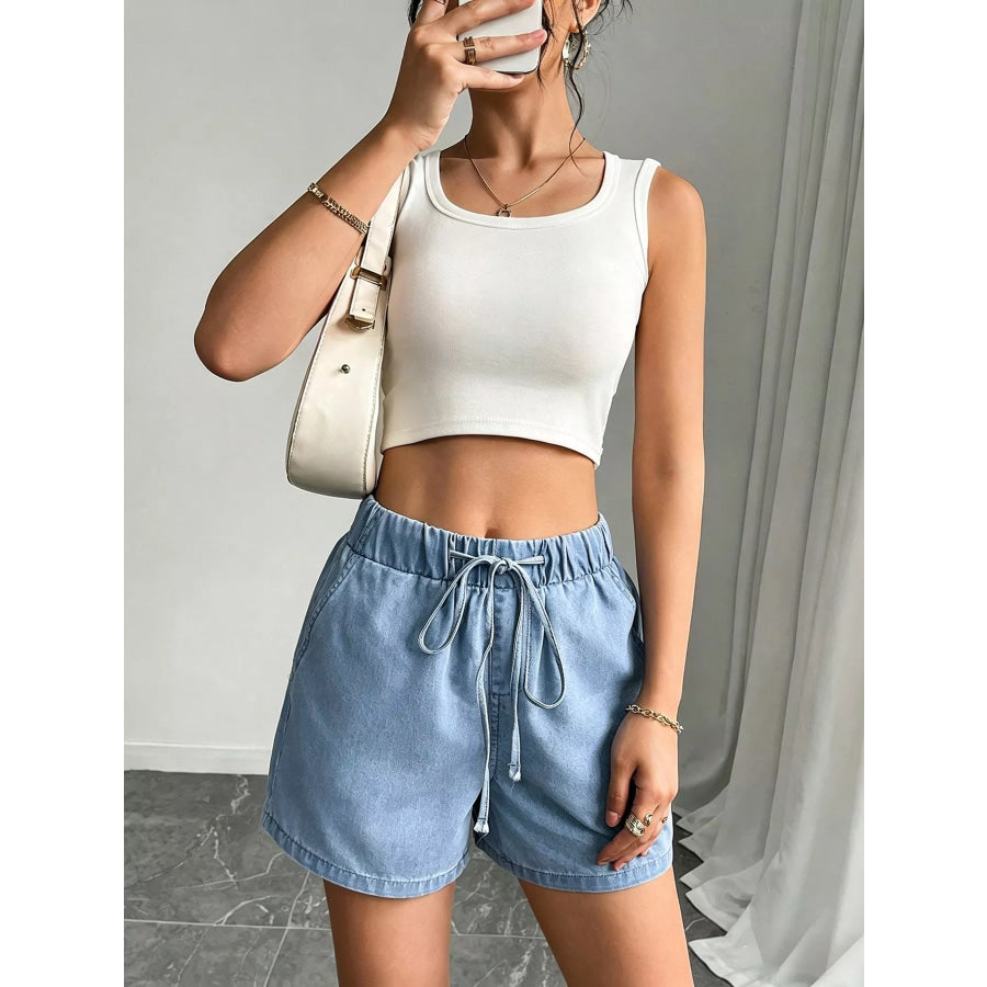 Drawstring High Waist Denim Shorts Apparel and Accessories