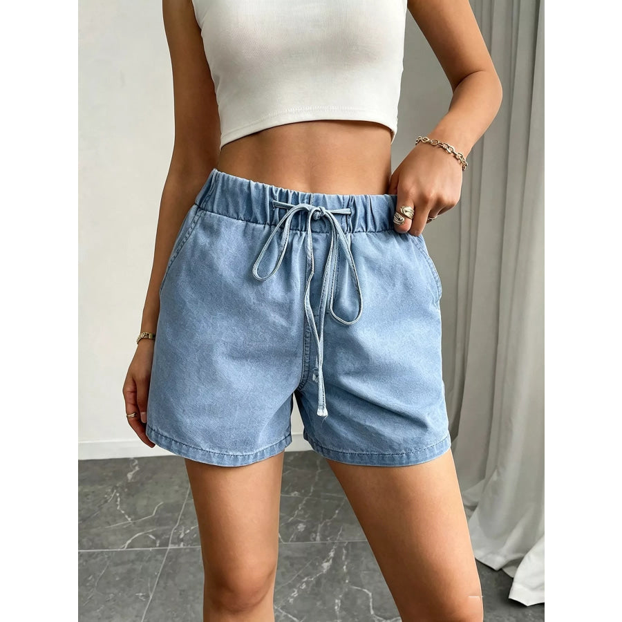 Drawstring High Waist Denim Shorts Apparel and Accessories