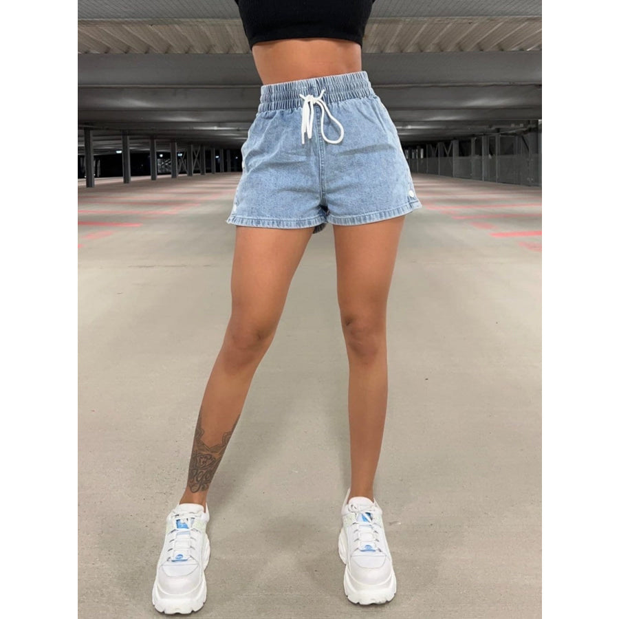 Drawstring High Waist Denim Shorts Apparel and Accessories