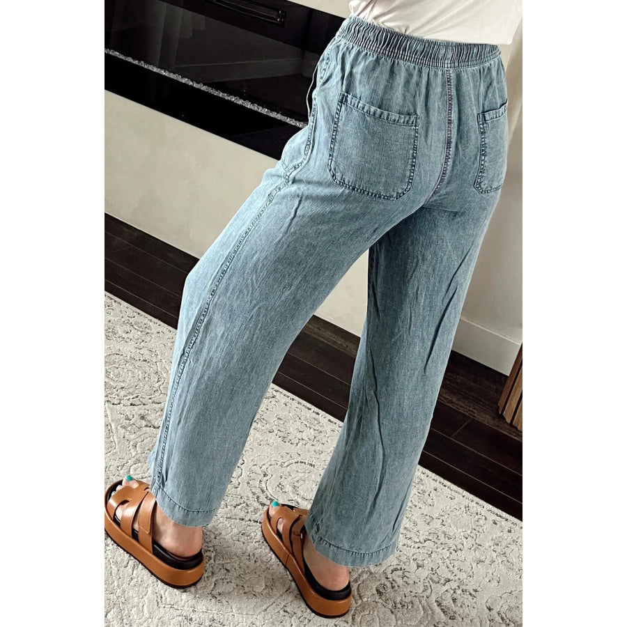 Drawstring High Waist Jeans with Pockets Apparel and Accessories