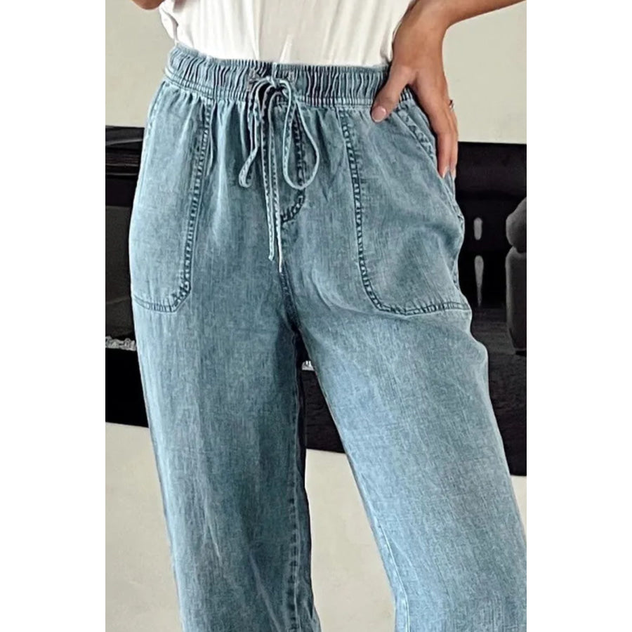 Drawstring High Waist Jeans with Pockets Apparel and Accessories