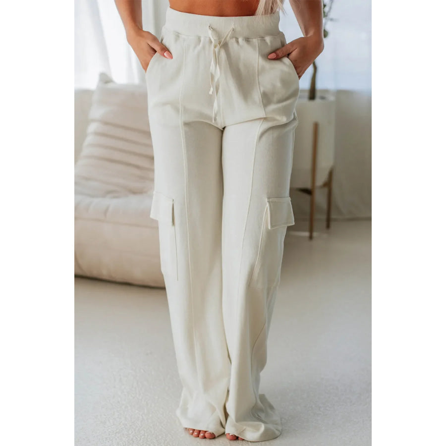 Drawstring High Waist Pants with Pockets Ivory / S Apparel and Accessories