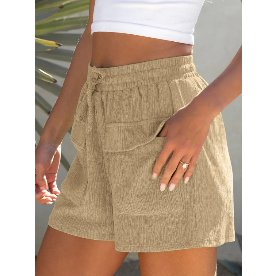 Drawstring High Waist Shorts with Pockets Camel / S Apparel and Accessories