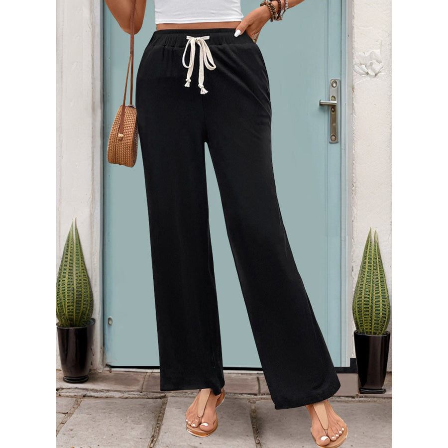 Drawstring High Waist Straight Pants Apparel and Accessories