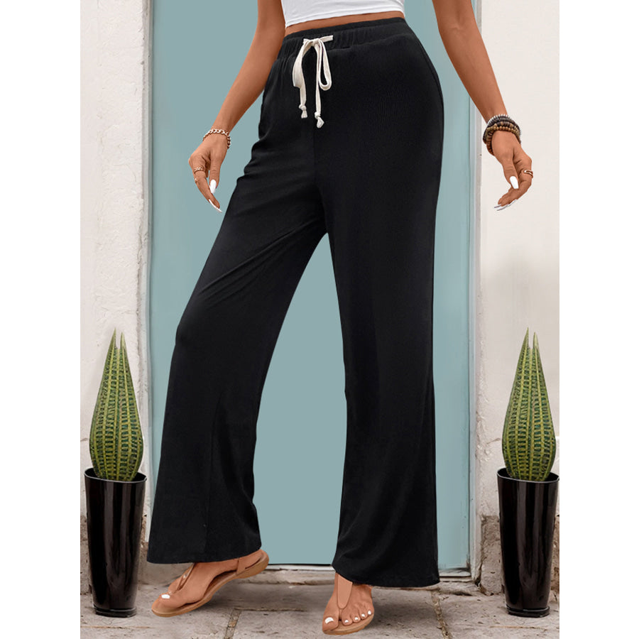 Drawstring High Waist Straight Pants Apparel and Accessories