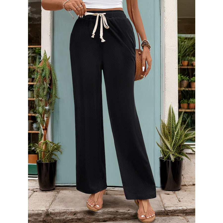 Drawstring High Waist Straight Pants Apparel and Accessories