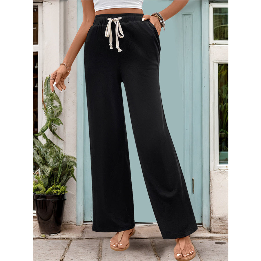 Drawstring High Waist Straight Pants Black / S Apparel and Accessories