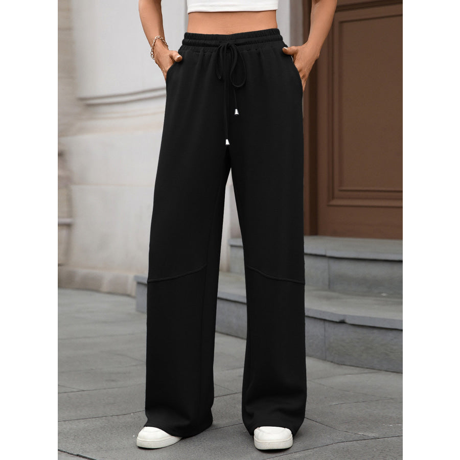 Drawstring High Waist Wide Leg Casual Pants Black / S Apparel and Accessories