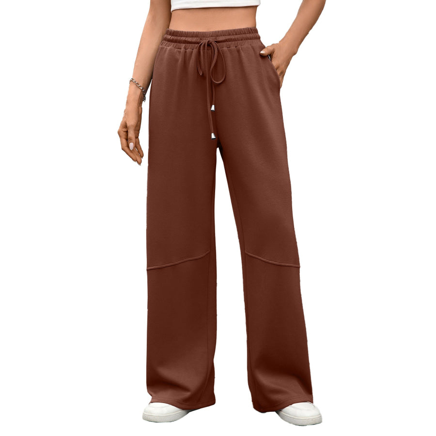 Drawstring High Waist Wide Leg Casual Pants Orange Red / S Apparel and Accessories
