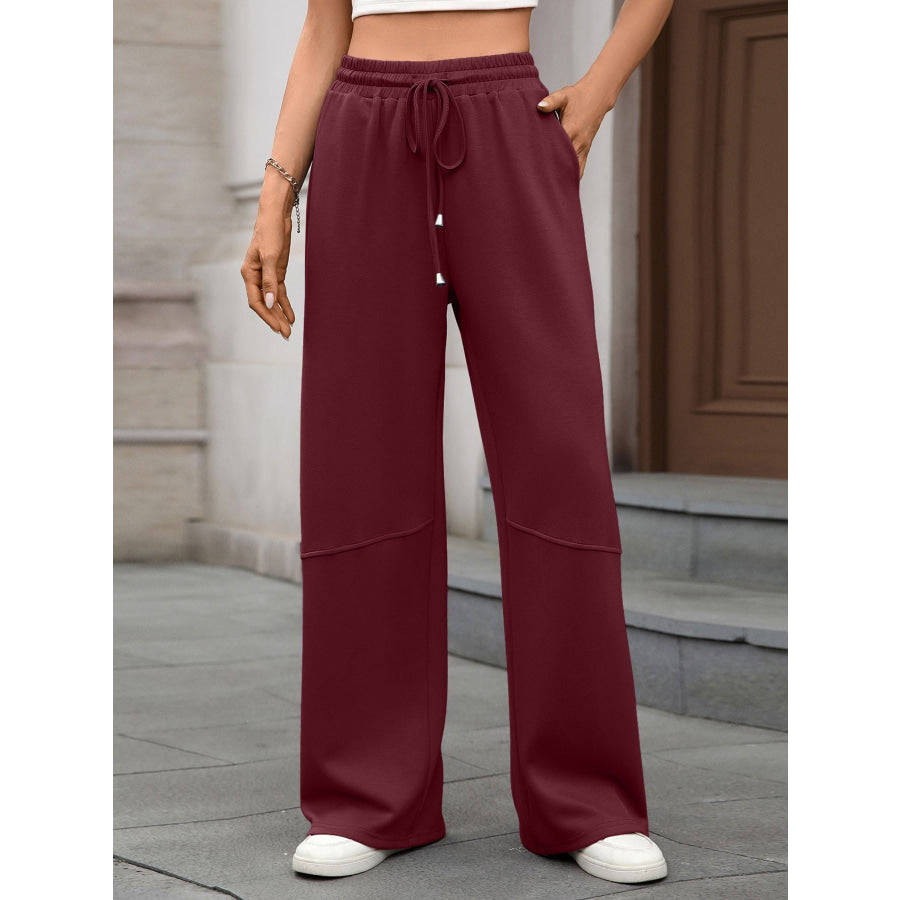 Drawstring High Waist Wide Leg Casual Pants Wine Red / S Apparel and Accessories