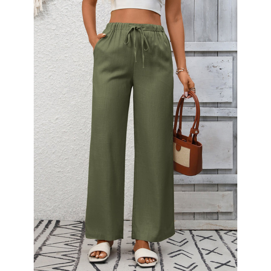 Drawstring High Waist Wide Leg Pants Army Green / S Apparel and Accessories