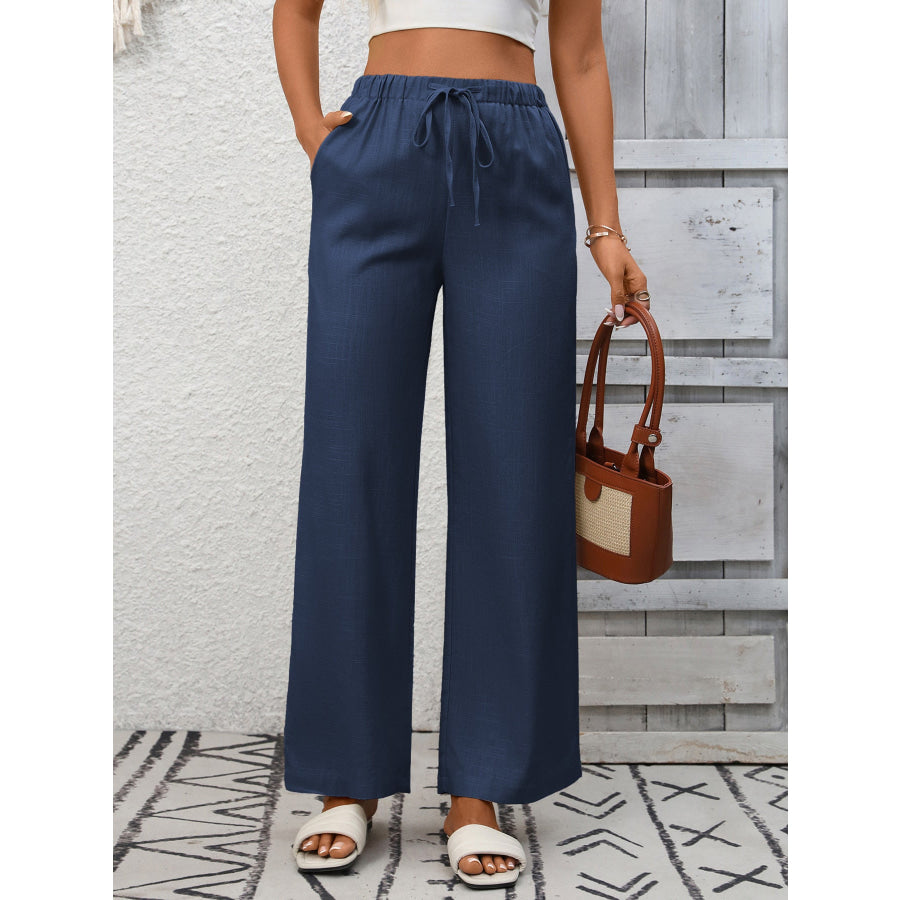 Drawstring High Waist Wide Leg Pants Navy Blue / S Apparel and Accessories