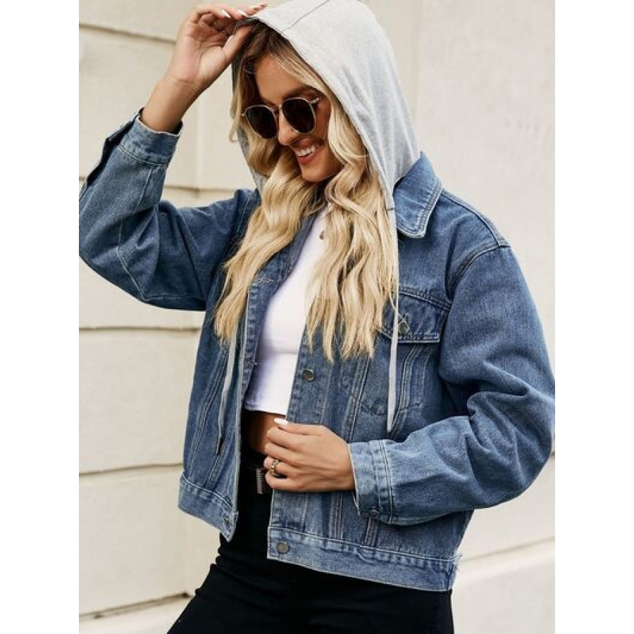 Drawstring Hooded Button Up Denim Jacket Clothing