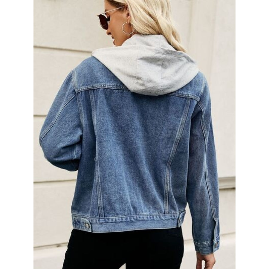 Drawstring Hooded Button Up Denim Jacket Clothing