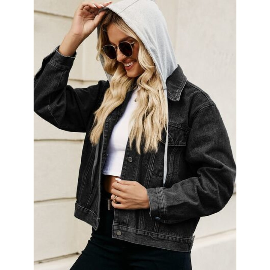 Drawstring Hooded Button Up Denim Jacket Clothing