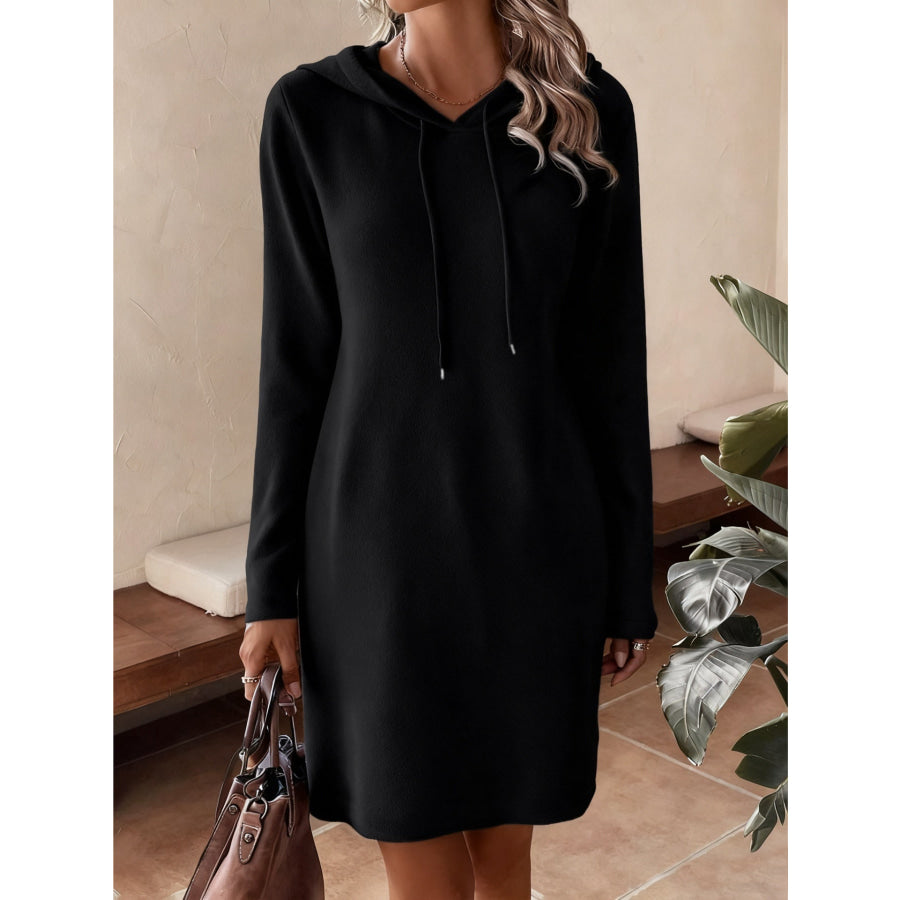 Drawstring Hooded Long Sleeve Mini Dress Black / S Apparel and Accessories