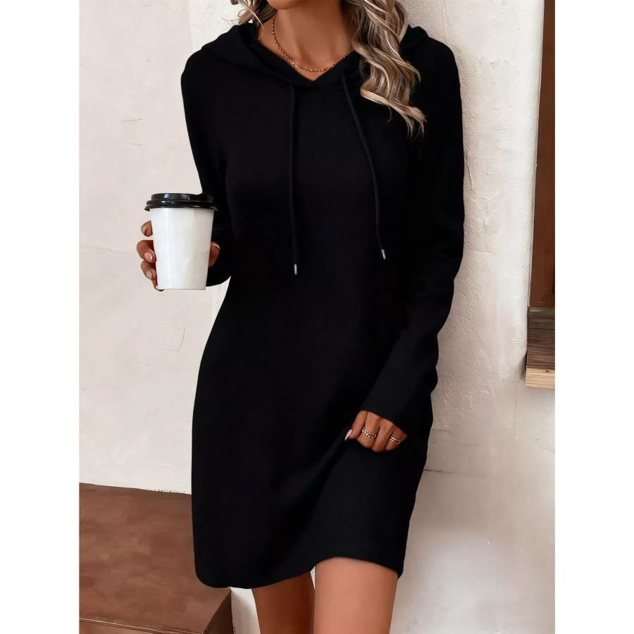 Drawstring Hooded Long Sleeve Mini Dress Black / S Apparel and Accessories