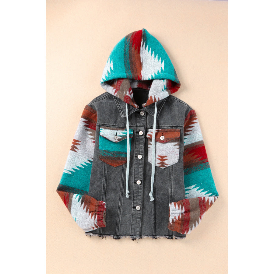 Drawstring Hooded Pocketed Denim Jacket Apparel and Accessories