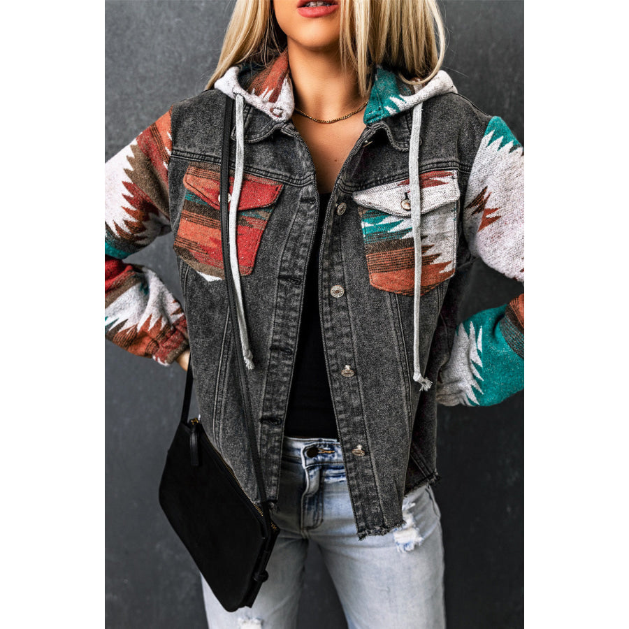 Drawstring Hooded Pocketed Denim Jacket Apparel and Accessories