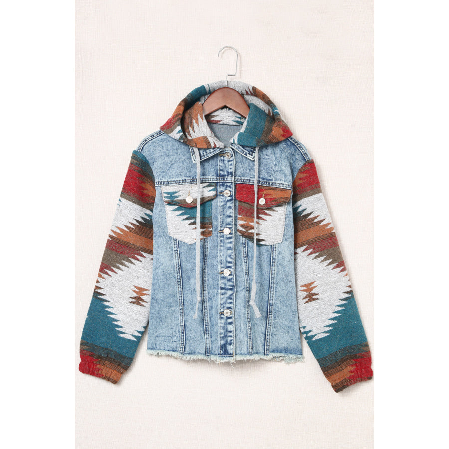 Drawstring Hooded Pocketed Denim Jacket Apparel and Accessories
