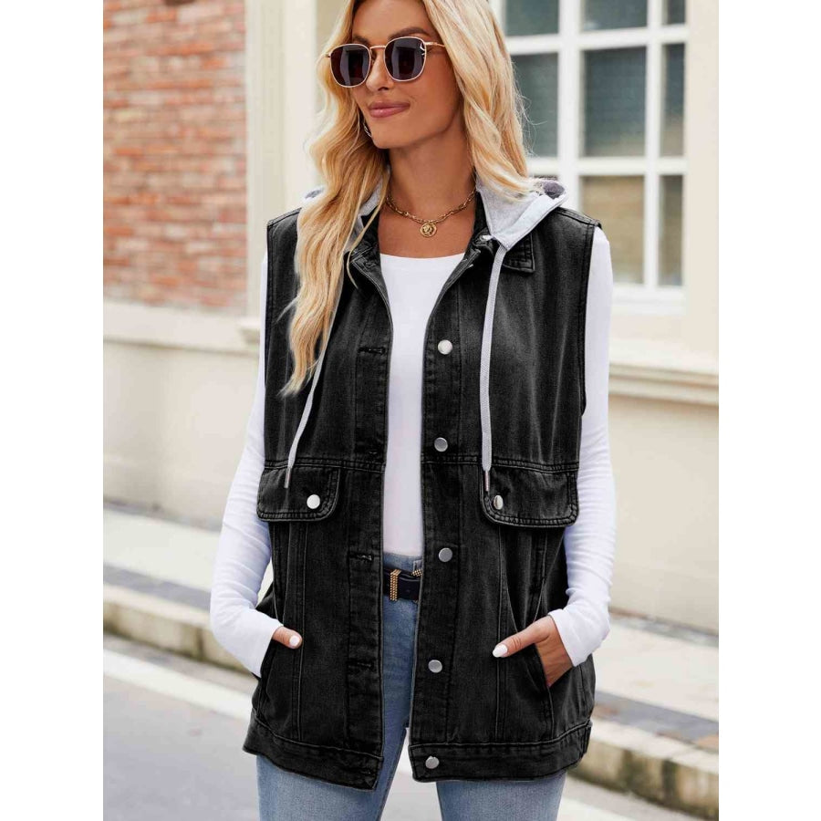 Drawstring Hooded Sleeveless Denim Jacket Black / S