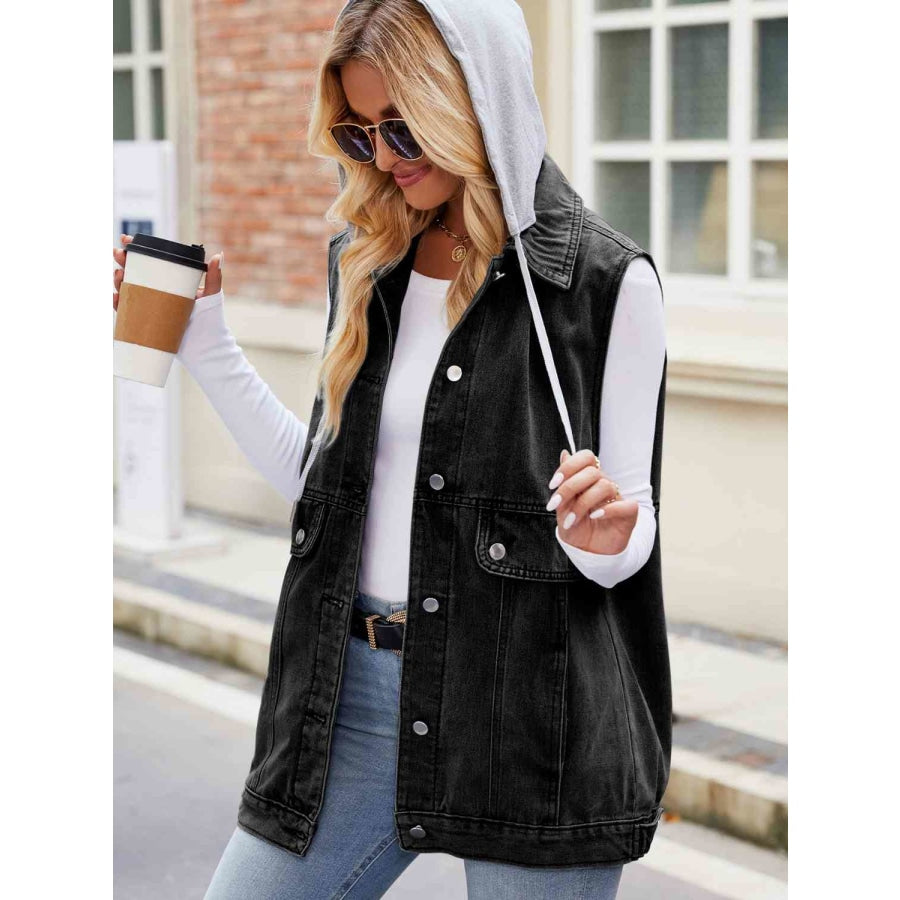 Drawstring Hooded Sleeveless Denim Jacket