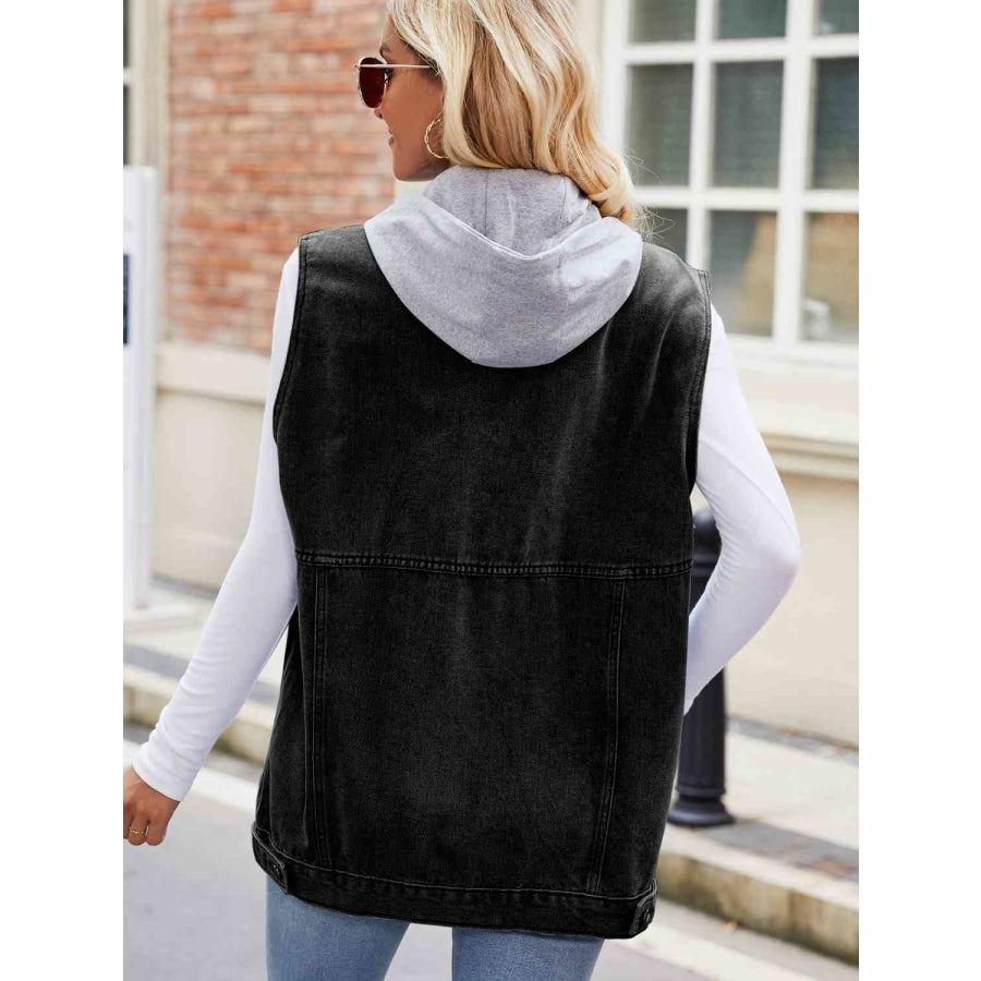 Drawstring Hooded Sleeveless Denim Jacket