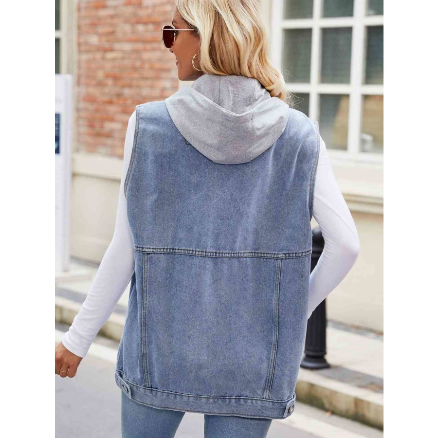 Ci Sono Denim Hooded Vest Jacket Women Small Logo Buttons Hoodie Gray Light  Blue | eBay