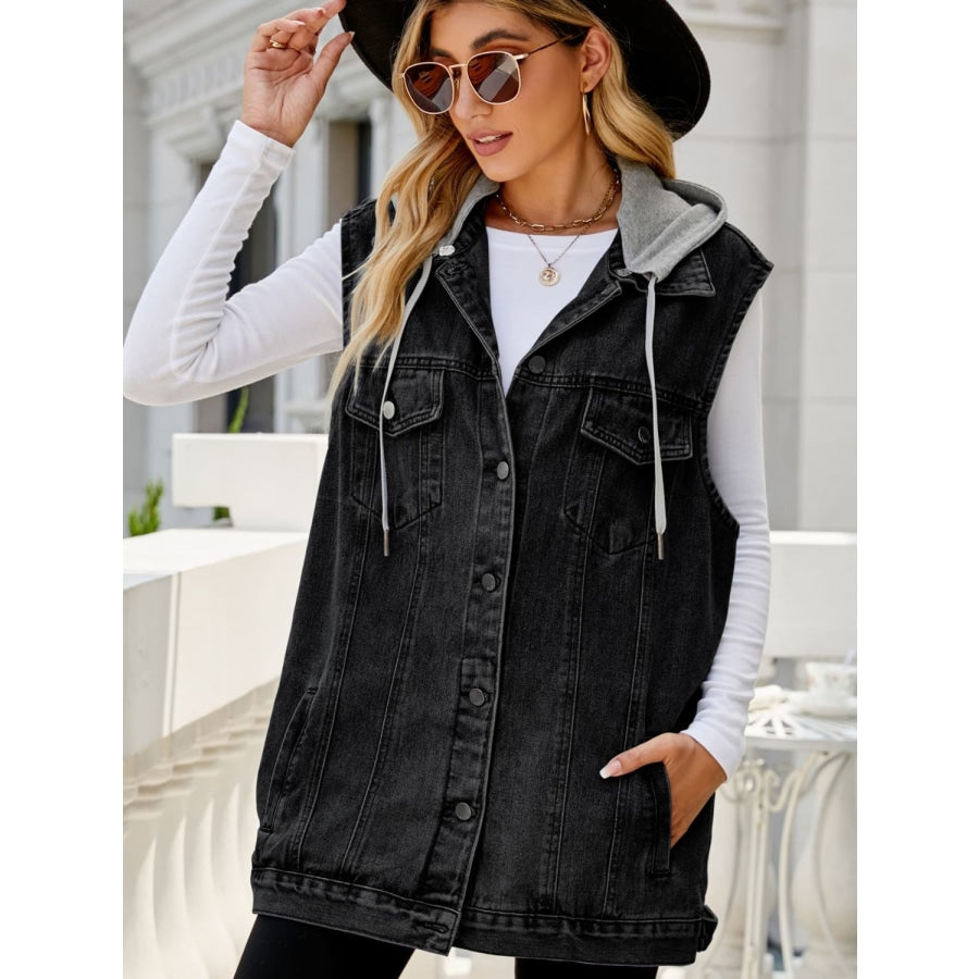 Drawstring Hooded Sleeveless Denim Top with Pockets Dark / S