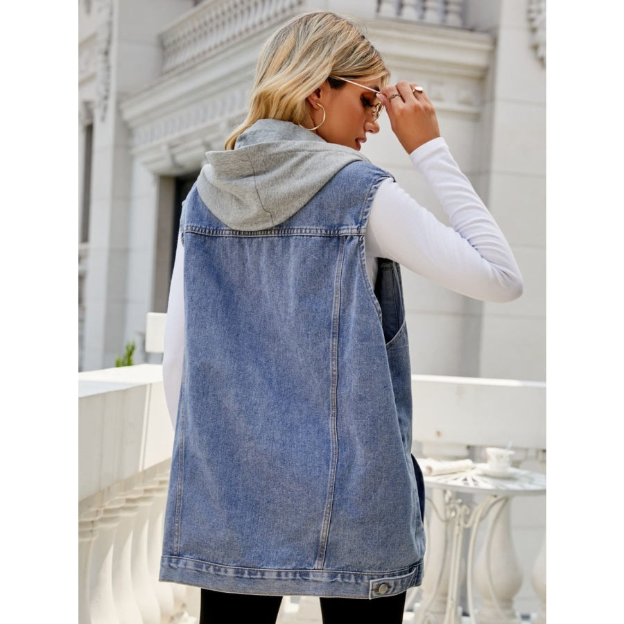 Drawstring Hooded Sleeveless Denim Top with Pockets