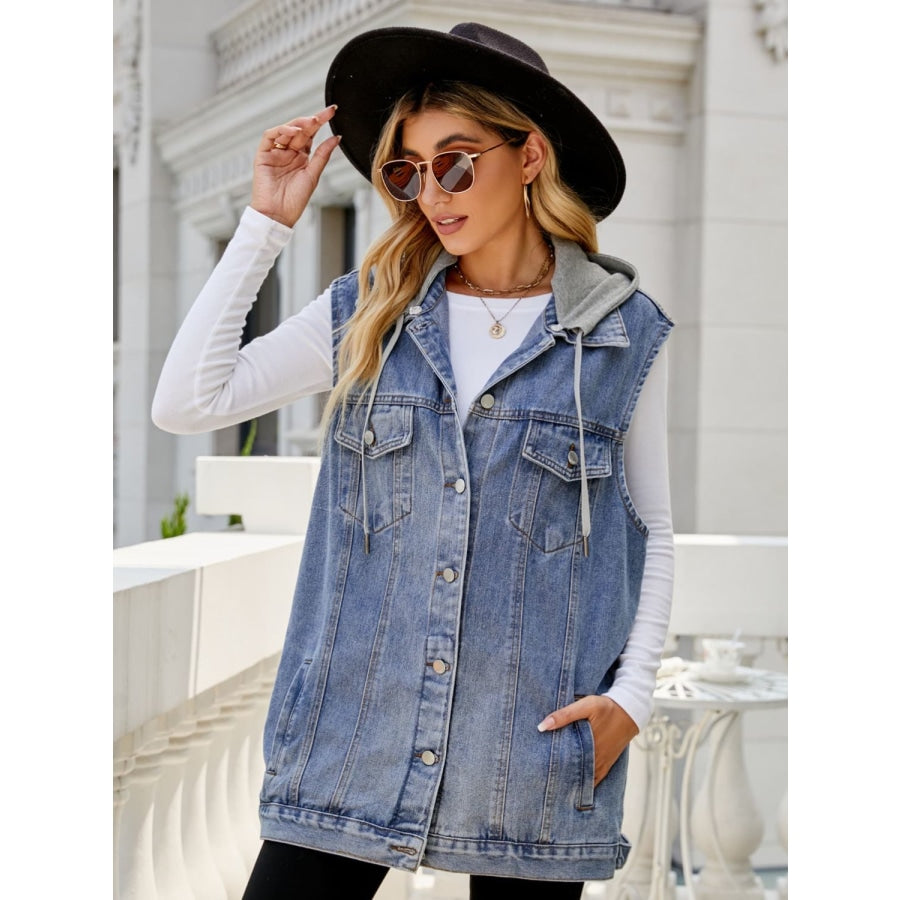 Drawstring Hooded Sleeveless Denim Top with Pockets