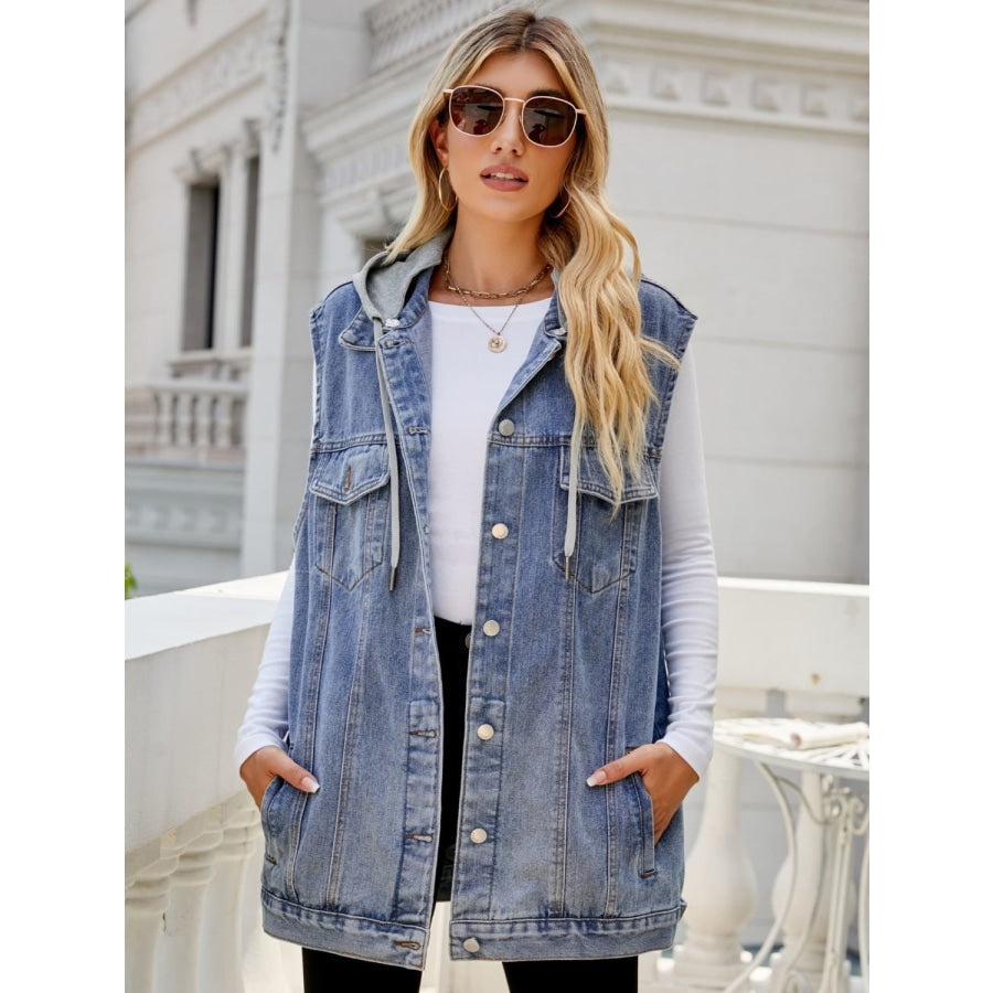 Drawstring Hooded Sleeveless Denim Top with Pockets