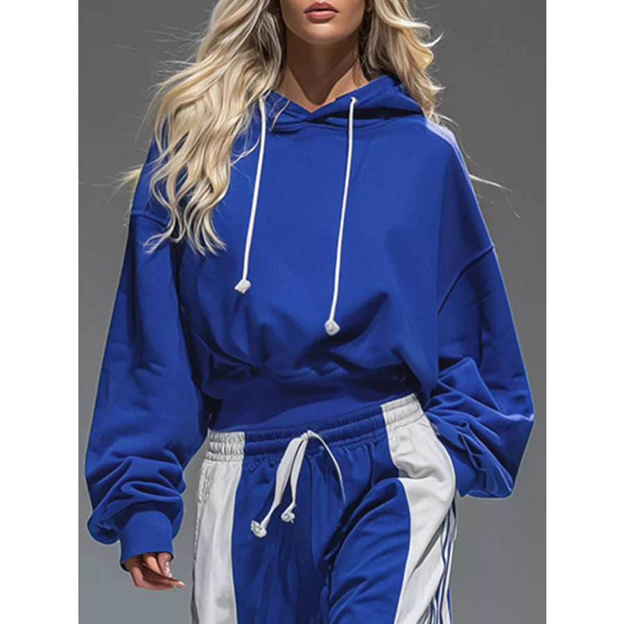 Drawstring Hoodie and Color-Block Wide-Leg Pants Set Blue White / S Apparel Accessories
