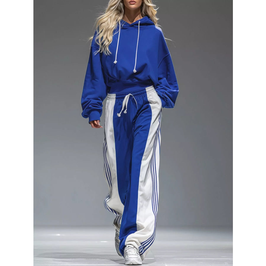 Drawstring Hoodie and Color-Block Wide-Leg Pants Set Blue White / S Apparel Accessories