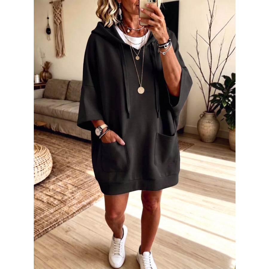 Drawstring Hoodie Dress with Pockets Black / S Apparel and Accessories