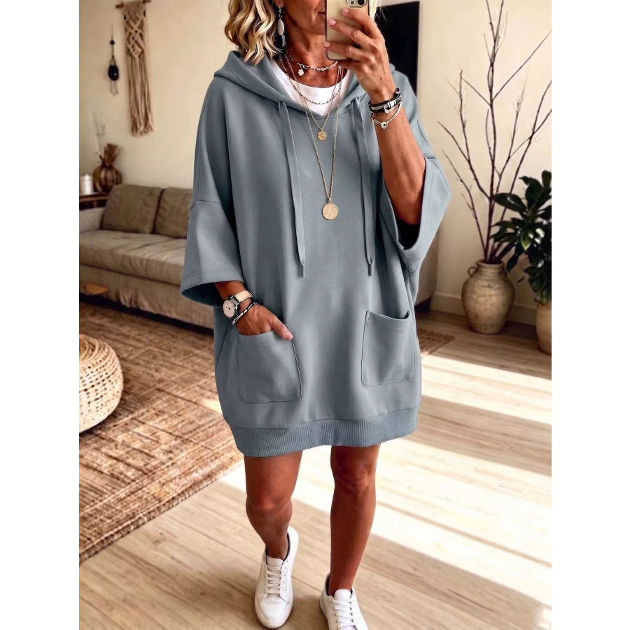 Drawstring Hoodie Dress with Pockets Blue / S Apparel and Accessories