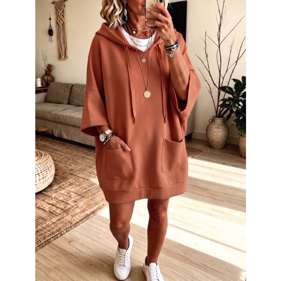 Drawstring Hoodie Dress with Pockets Orange / S Apparel and Accessories