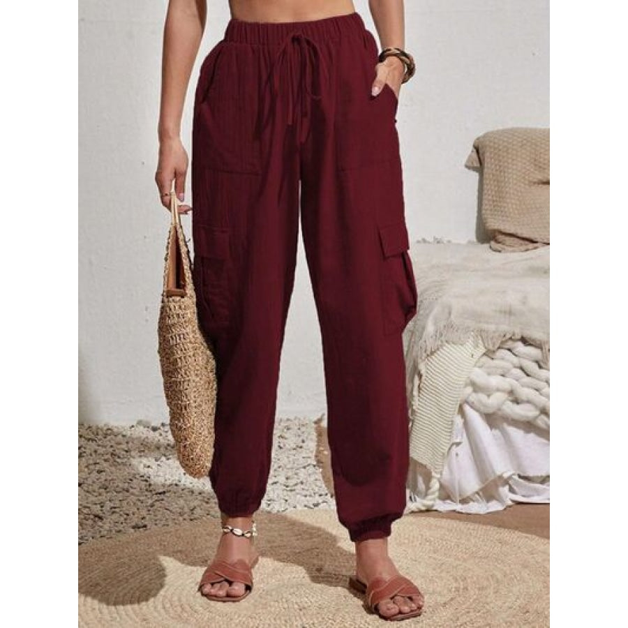 Drawstring Joggers with Cargo Pockets Wine / S Clothing