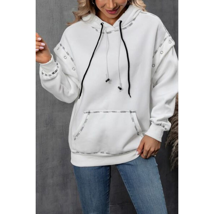 Drawstring Kangaroo Pocket Dropped Shoulder Hoodie White / XS Apparel and Accessories